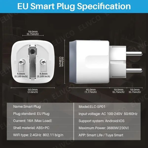 Смарт розетка Tuya Smart WiFi Head 16А ELC-SP01 з лічильником електроенергії 4400W, Grey 0153a фото