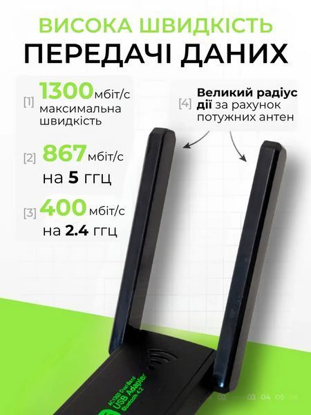 USB Wi-Fi адаптер з Bluetooth, AC1300, дводіапазонний 2.4/5GHz, WiFi 5, Bluetooth 4.2 / Бездротовий модуль для комп&rsquo;ютера 2135a фото