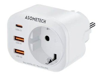 Зарядний пристрій, розетка Asometech 4000W 4in1 USB Type-C PD20 QC3.0. Black 0501 фото