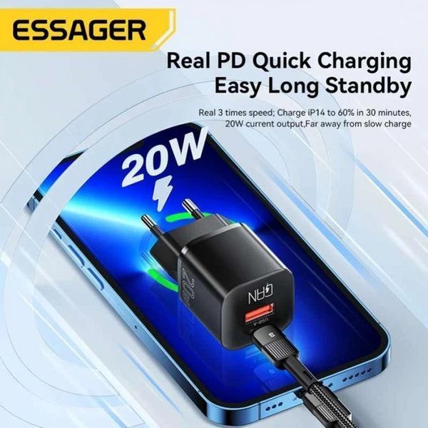 Сетевое зарядное устройство Essager 20W / 1xUSB-C / 1x-USB-A / Black / Быстрая зарядка / Адаптер питания 2117 фото