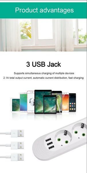 Подовжувач 5 розеток + 3USB White, 2м 0857a фото