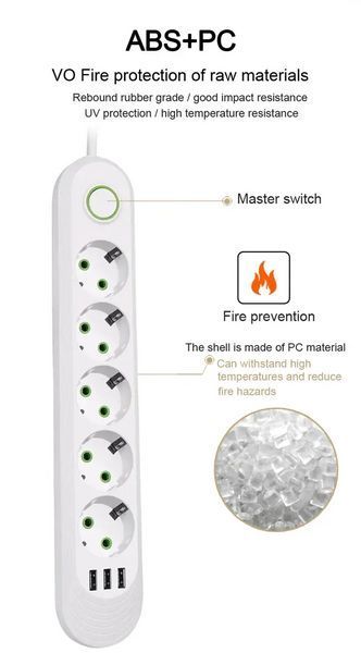 Подовжувач 5 розеток + 3USB White, 2м 0857a фото