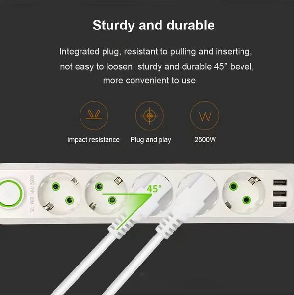 Подовжувач 5 розеток + 3USB White, 2м 0857a фото